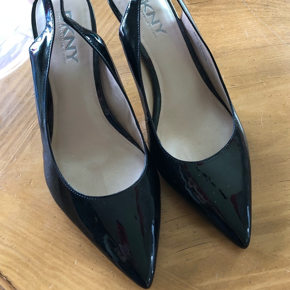DKNY Lacey Black Patent Leather Sling Back Heels